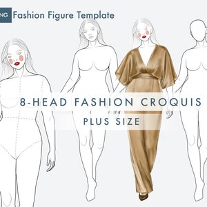May include: Digital illustration of fashion figure templates. The image shows four stylized female figures, including a plus-size model, with one wearing a gold dress. Text includes "Fashion Figure Template" and "8-HEAD FASHION CROQUIS PLUS SIZE."