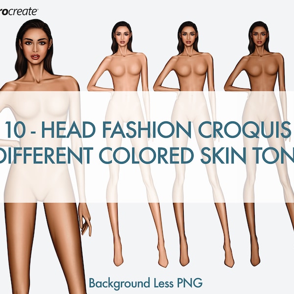 Female Fashion Croquis Templates, 10 Head Fashion Figure, 3 Different Colored Skin Tones
