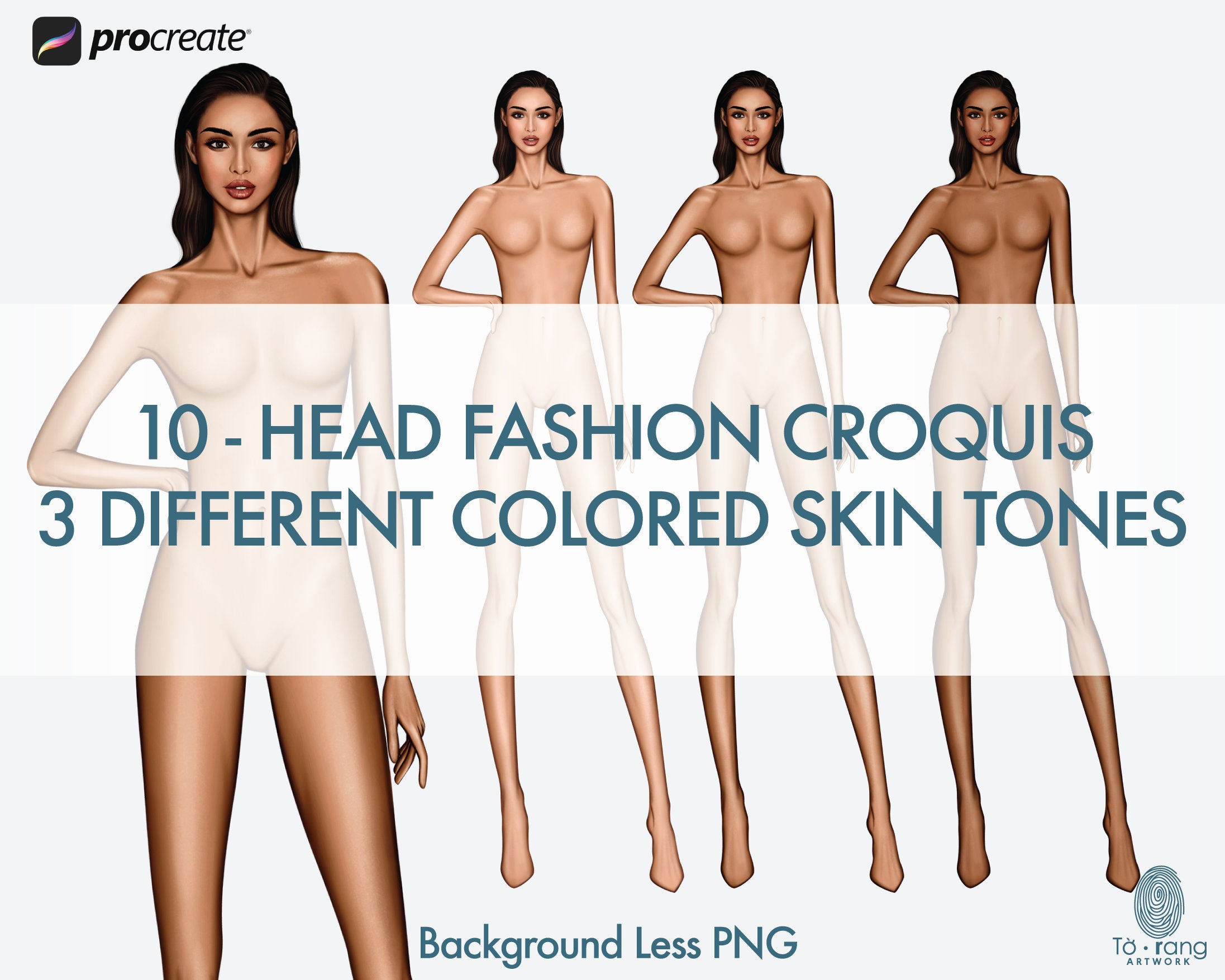 Female Fashion Croquis Templates, 10-Head Fashion Figure, 3 Different Colored Skin Tones