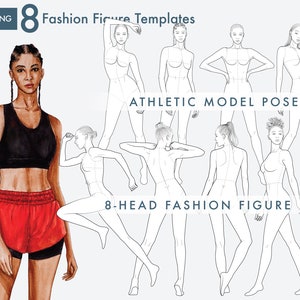 8 Female Fashion Figure Templates, Athletic Model Poses, Croquis Templates for Sportswear Fashion Illustrations, 8-Head
