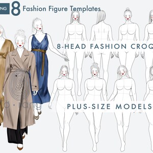 8 Female Plus Size Fashion Figure Templates, Curvy Croqui Templates, 8-Head Model Figures, Croquis Templates for Fashion Illustrations