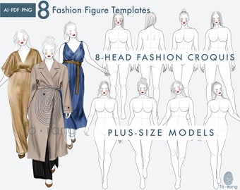 8 Female Plus Size Fashion Figure Templates, Curvy Croqui Templates, 8-Head Model Figures, Croquis Templates for Fashion Illustrations