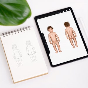 May include: A digital drawing tablet displaying a digital illustration of a child standing and facing forward, and a digital illustration of a child standing with their back to the viewer. A sketchbook with pencil drawings of a child standing and facing forward, and a child standing with their back to the viewer is on a white surface.