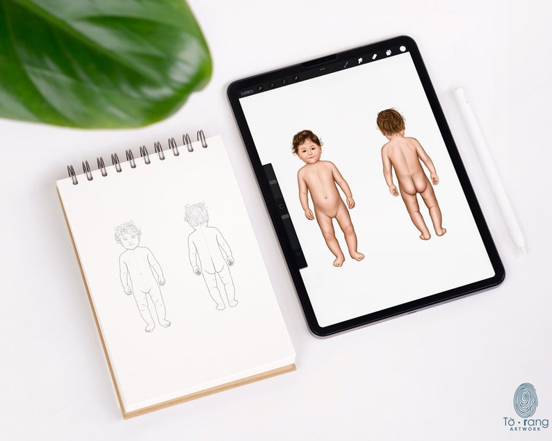 May include: A digital drawing tablet displaying a digital illustration of a child standing and facing forward, and a digital illustration of a child standing with their back to the viewer. A sketchbook with pencil drawings of a child standing and facing forward, and a child standing with their back to the viewer is on a white surface.