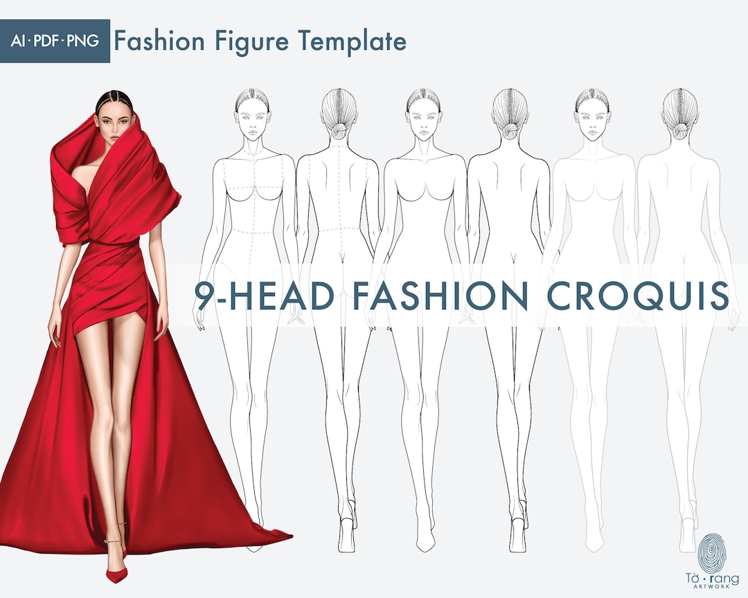 Female Fashion Croquis Templates, Front and Back, 9head Fashion Figure