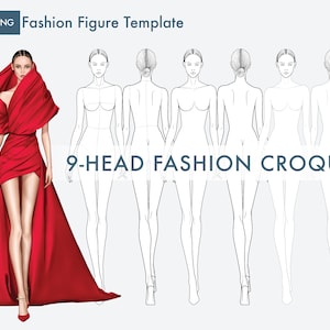 Female Fashion Croquis Templates, Front and Back, 9-Head Fashion Figure, Runway Pose