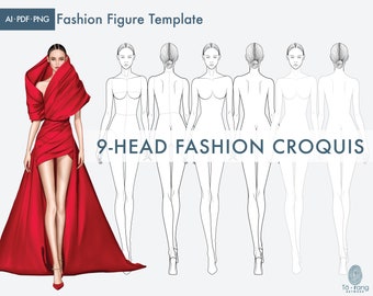 Modelos de croquis de moda feminina, frente e verso, figura de moda de 9 cabeças, pose de passarela