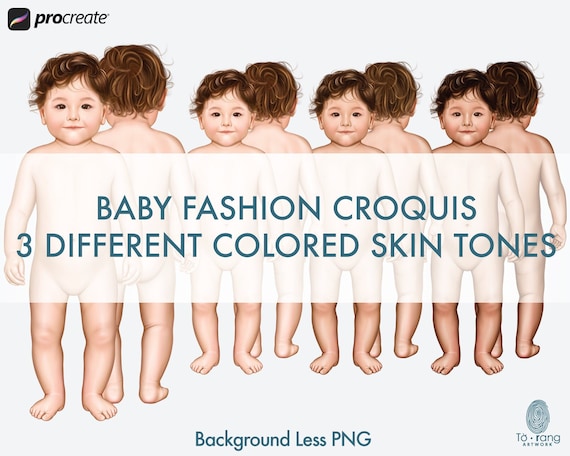Baby Fashion Croquis Template, Front and Back Views, 3 Different Colored Skin Tones