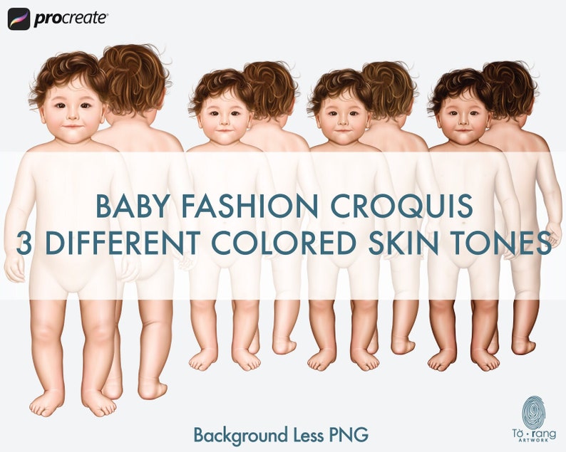 May include: Six baby fashion croquis with different skin tones, standing in a row. The croquis are facing forward and have brown hair. The background is white. "BABY FASHION CROQUIS 3 DIFFERENT COLORED SKIN TONES" is written in blue text above the croquis. "Background Less PNG" is written in blue text below the croquis.