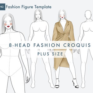 Puede incluir: Un conjunto de cuatro plantillas de figuras de moda para dibujar diseños de ropa. Las figuras están en diferentes poses y están etiquetadas como "8-Head Fashion Croquis Plus Size".