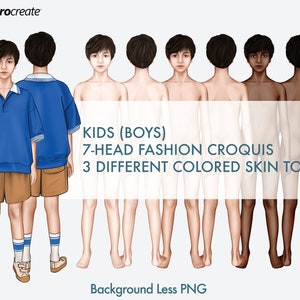 Kids (Boys) Fashion Figure Templates, 3 Different Colored Skin Tones, Children's Croquis, 7-Head Fashion Croquis, Front and Back Views