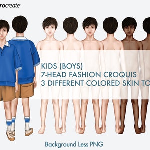 Kids (Boys) Fashion Figure Templates, 3 Different Colored Skin Tones, Children&#39;s Croquis, 7-Head Fashion Croquis, Front and Back Views