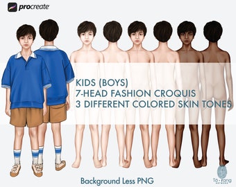 Kids (Boys) Fashion Figure Templates, 3 Different Colored Skin Tones, Children's Croquis, 7-Head Fashion Croquis, Front and Back Views