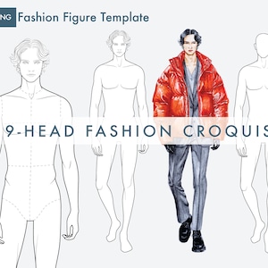 Croquis masculino para ilustração de moda, modelo de figura de moda de 9 cabeças, pose de passarela