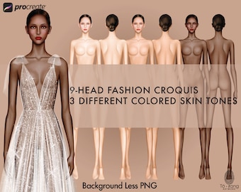 Female Fashion Croquis Templates, Front and Back, 3 Different Colored Skin Tones, 9-Head Fashion Figure, Fashion Illustration