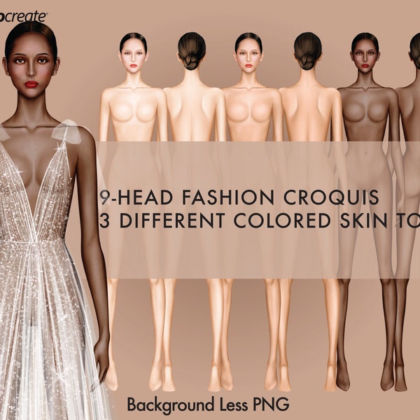 Female Fashion Croquis Templates, Front and Back, 3 Different Colored Skin Tones, 9-Head Fashion Figure, Fashion Illustration