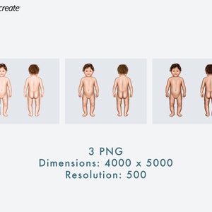 May include: Three digital illustrations of a baby standing in different poses. The baby is nude and has brown hair. The background is a light gray.
