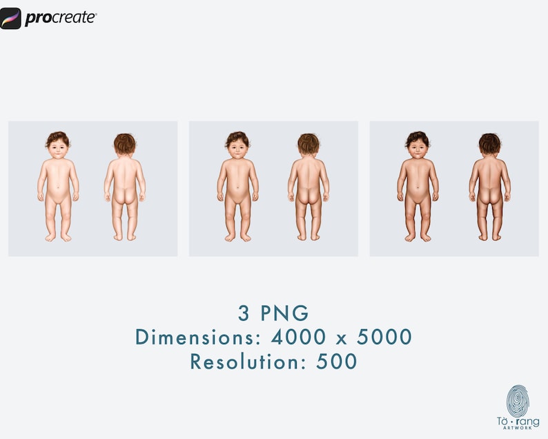 May include: Three digital illustrations of a baby standing in different poses. The baby is nude and has brown hair. The background is a light gray.