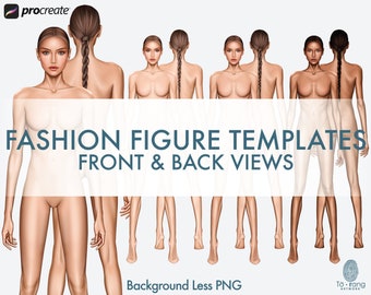 Female Fashion Figure Templates, 8-Head, Front and Back, 3 Different Colored Skin Tones
