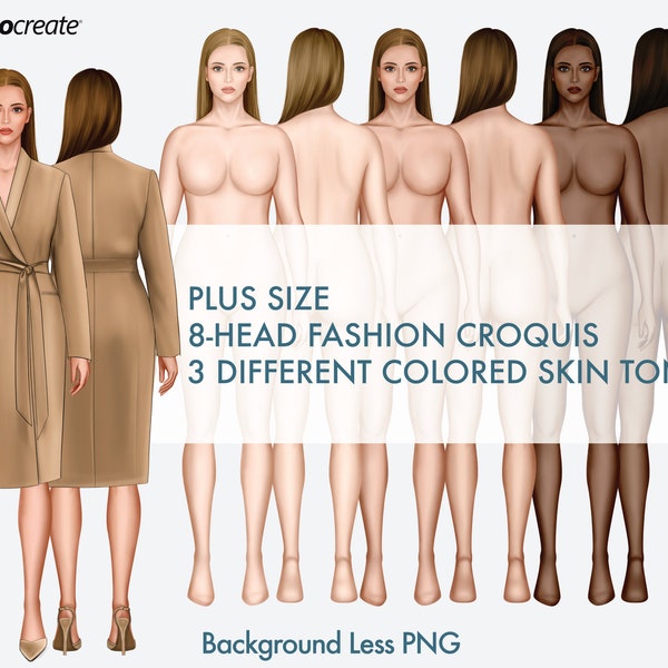 Plus Size Fashion Figur Vorlagen, Curvy Croqui Vorlagen, 3 verschiedene farbige Hauttöne, 8-Kopf Mode Croquis, Vorder- und Rückseite Ansichten