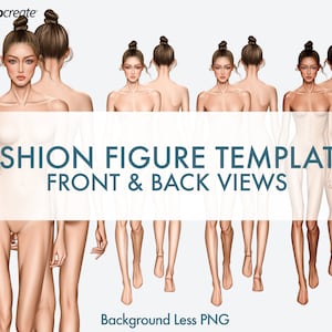 May include: Five fashion figure templates in front and back views. The figures are nude and have a neutral expression. The figures are standing with their legs slightly apart. The background is white. The text "FASHION FIGURE TEMPLATES FRONT & BACK VIEWS" is at the top of the image. The text "Background Less PNG" is at the bottom of the image.