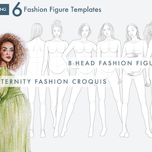 6 Female Maternity Fashion Croquis Templates, 8 Heads, Fashion Figure, Fashion Illustration, Croquis Vector