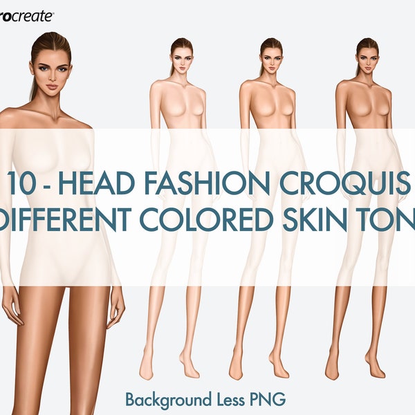 Female Fashion Figure Templates, 3/4 View Pose, 10 Head Fashion Figure, 3 Different Skin Tones Color