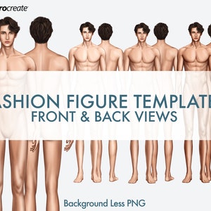 Male Fashion Croquis Templates, 10-Head Fashion Figure, Front and Back, 3 Different Colored Skin Tones