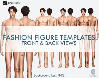 Male Fashion Croquis Templates, 10-Head Fashion Figure, Front and Back, 3 Different Colored Skin Tones