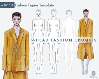 Fashion Croquis-sjabloon, vrouwenfiguur met 9 koppen (pdf, AI, png)