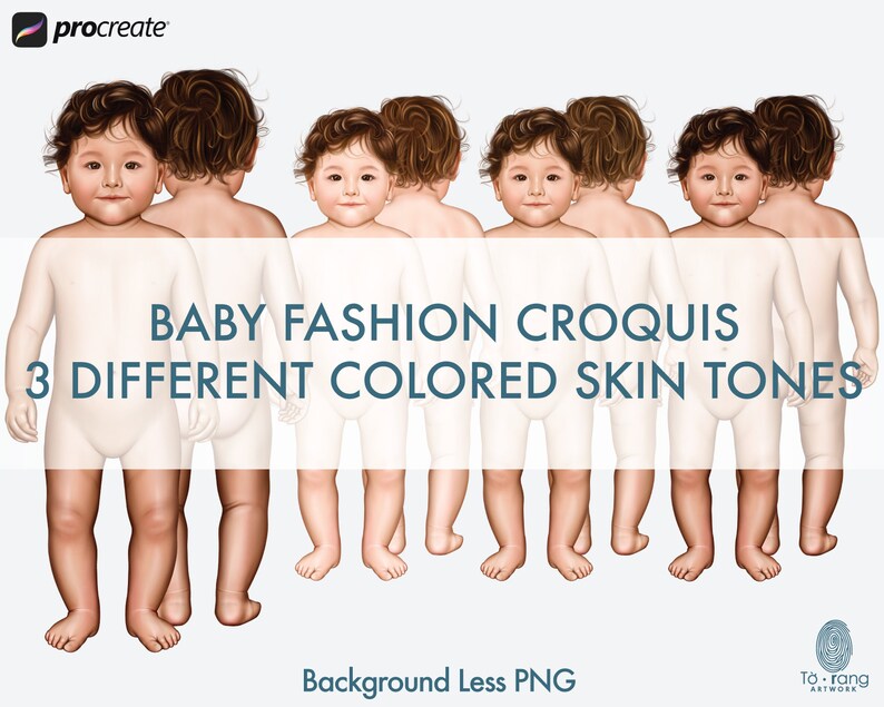 May include: Six baby fashion croquis with different skin tones, standing in a row. The croquis are facing forward and are ready for clothing designs.  "BABY FASHION CROQUIS 3 DIFFERENT COLORED SKIN TONES" text is at the top of the image. "Background Less PNG" text is at the bottom of the image.