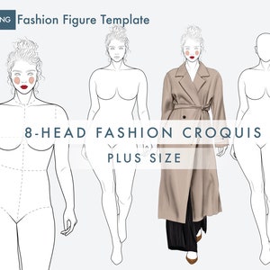 May include: A digital template for fashion illustration featuring three 8-head fashion croquis figures in a plus size style. The figures are in various poses, with one wearing a long coat. The text "8-HEAD FASHION CROQUIS PLUS SIZE" is displayed at the top of the image.