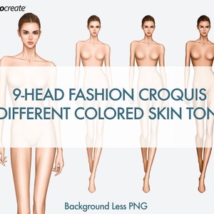 Female Fashion Croquis Templates, Runway Pose, 9 Head Fashion Figure, 3 Different Colored Skin Tones