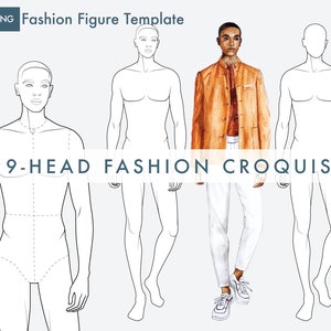 Modelo de figura de moda masculina, croquis de moda de 9 cabeças, pose de passarela