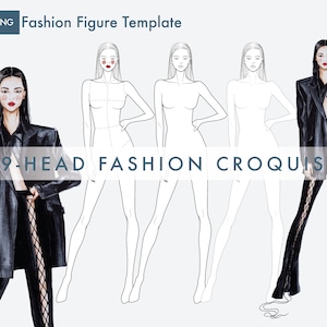 女性ファッションフィギュアテンプレート、9頭ファッションクロッキー、ファッションデザインのための人物画
