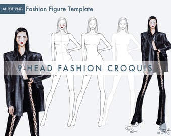Fashion Croquis-sjabloon, vrouwenfiguur met 9 koppen (pdf, AI, png)