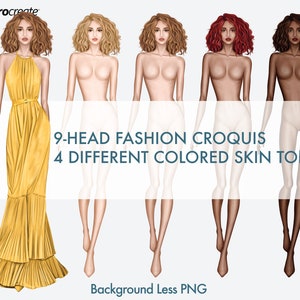 Female Fashion Figure Templates, Catwalk Model, 4 Different Colored Skin Tones, 9-Head Fashion Croquis, Background Less PNG