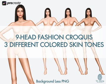 9 Head Fashion Croquis, Female Fashion Figure Templates, Standing Pose, 3 Different Colored Skin Tones
