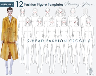 Female Standing Pose Croquis Bundle, 9-Head Fashion Figure, Female Croquis, Fashion Illustration, Hairstyle Templates, Front and Back Views