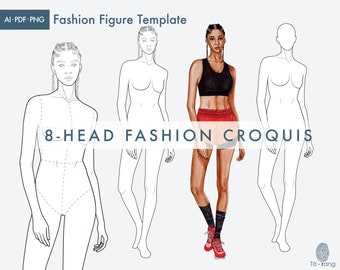 Female Fashion Figure Templates, Croquis Templates for Fashion Illustrations, 8 Head Fashion Croquis, Athletic Model P
