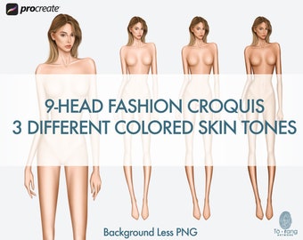 Female Fashion Croquis Templates, Standing Pose, 9 Head Fashion Figure, 3 Different Colored Skin Tones