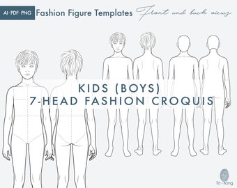 Kids (Boys) Fashion Figure Templates, Children's Croquis, 7-Head Fashion Croquis, Front and Back Views, Fashion Illustration