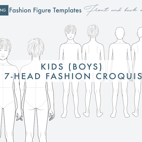 Plantillas de figuras de moda para niños (niños), croquis para niños, croquis de moda de 7 cabezas, vistas frontal y posterior, ilustración de moda