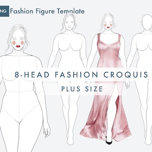 Female Plus Size Fashion Croquis, Catwalk Model, Figure Templates for Fashion Illustrations, 8-Head