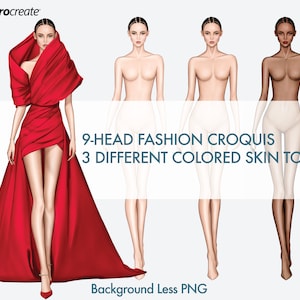 Female Fashion Croquis Templates, Runway Pose, 3 Different Colored Skin Tones, 9-Head Fashion Figure