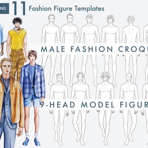 11 Male Fashion Figure Templates, Croquis Templates for Fashion Illustrations, 9-Head Fashion Croquis