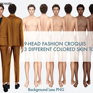 Male Fashion Croquis Templates, Front and Back, 3 Different Colored Skin Tones, 9-Head Fashion Figure, Fashion Illustration image 1