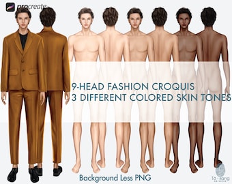 Male Fashion Croquis Templates, Front & Back, 3 Skin Tones (PNG)