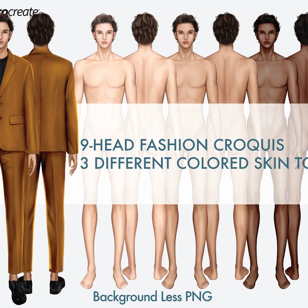 Male Fashion Croquis Templates, Front and Back, 3 Different Colored Skin Tones, 9-Head Fashion Figure, Fashion Illustration