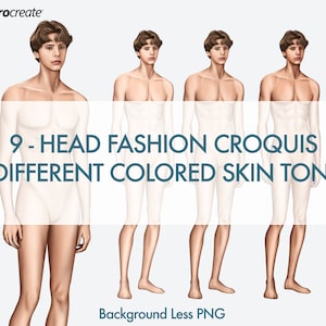 Male Fashion Croquis Templates, Relaxing Pose, 3 Different Colored Skin Tones, 9-Head Fashion Figure
